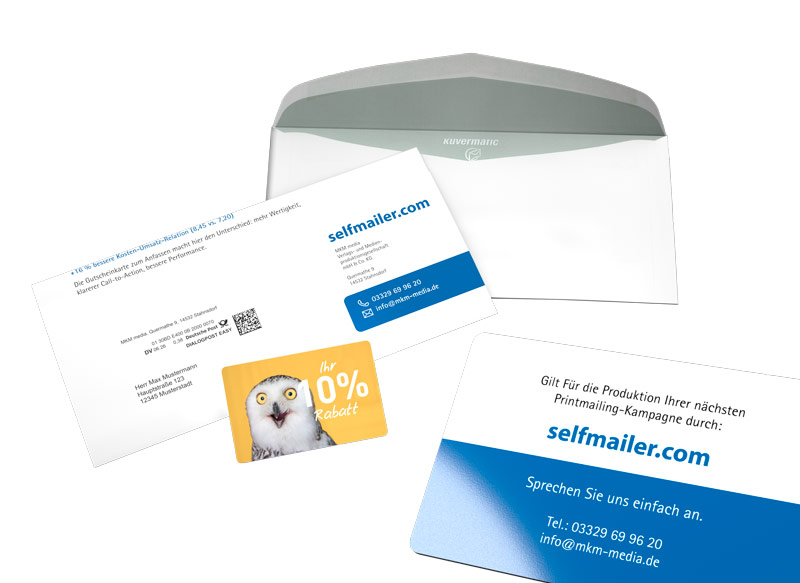 CardBooster: DIN-A4-Anschreiben mit aufgeklebter Gutscheinkarte und DIN-lang-Umschlag von selfmailer.com
