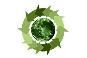 Grünes Recycling-Logo, Pfeile drehen sich um eine grüne Weltkugel